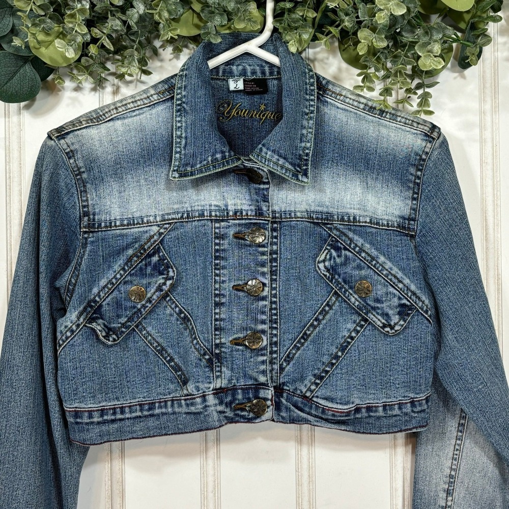 Younique Cropped Denim Jacket Junior Large Y2K Sandblasted Faded Vintage y2k - Picture 3 of 6